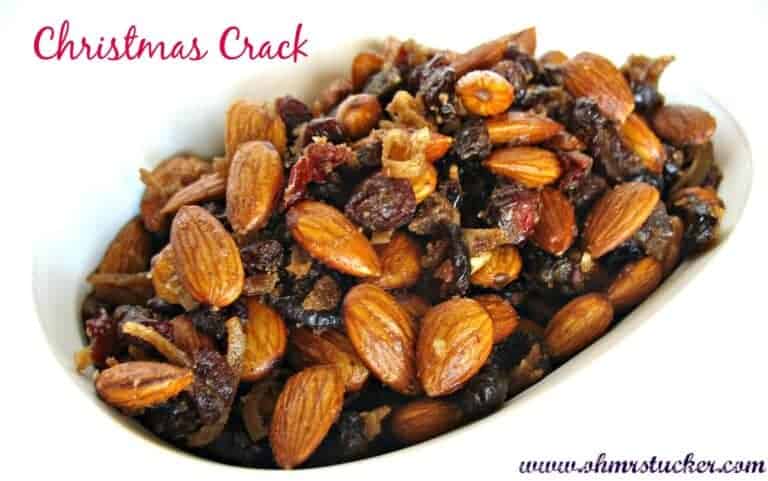 Christmas Crack in a white dish on a white background with text included