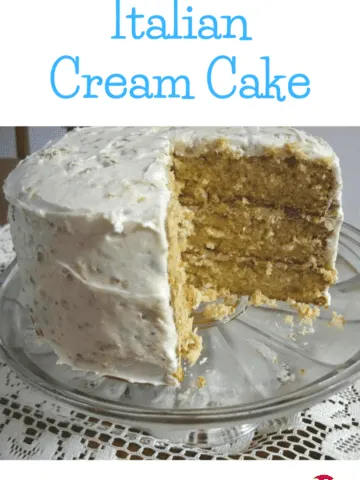 cake on a platter with portion missing. text on photo: italian cream cake