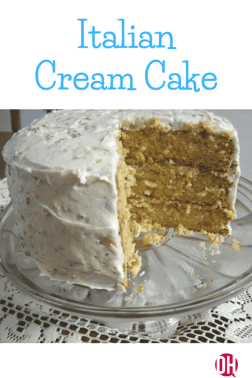 cake on a platter with portion missing. text on photo: italian cream cake
