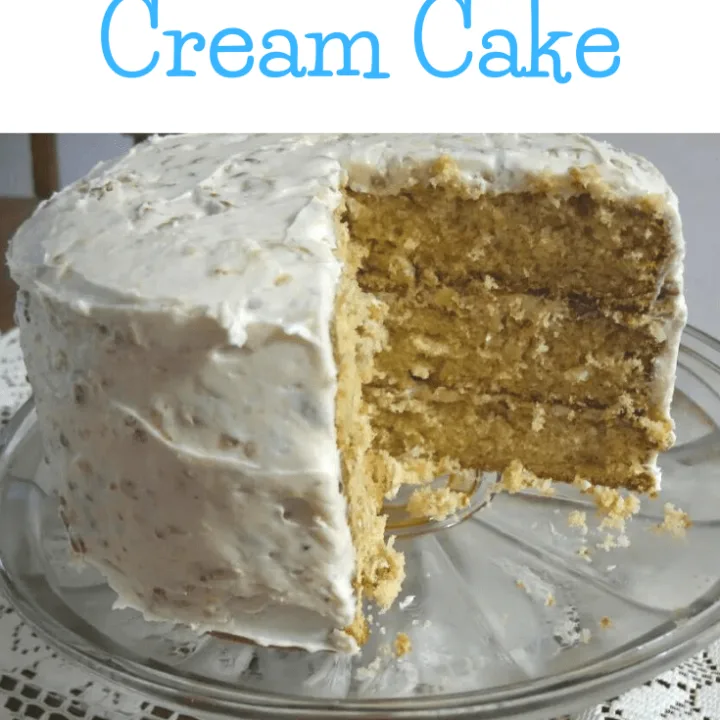 cake on a platter with portion missing. text on photo: italian cream cake