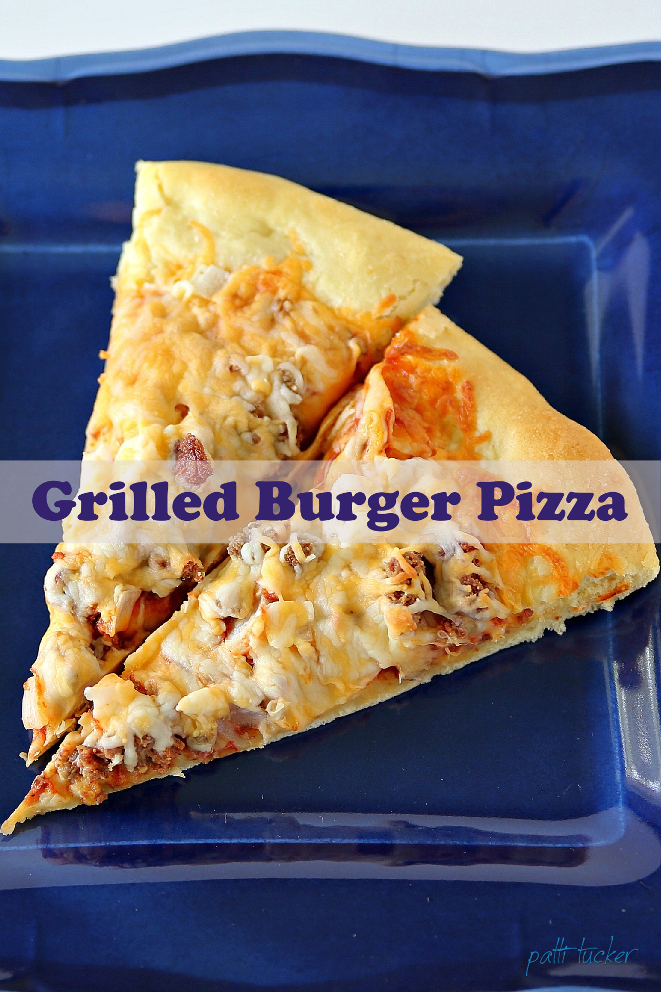 Grilled Burger Pizza on a blue plate