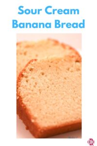 graphic of sour cream banana bread with two slices of banana bread