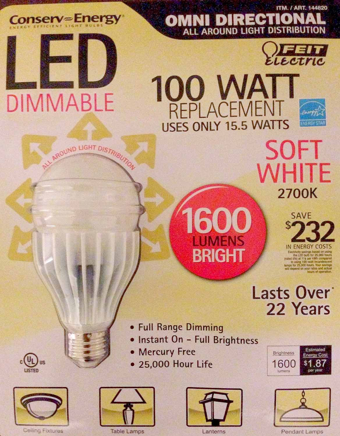 Feit Electric Omni Directional 100W/15.5W LED Dimmable 1600 Lumens