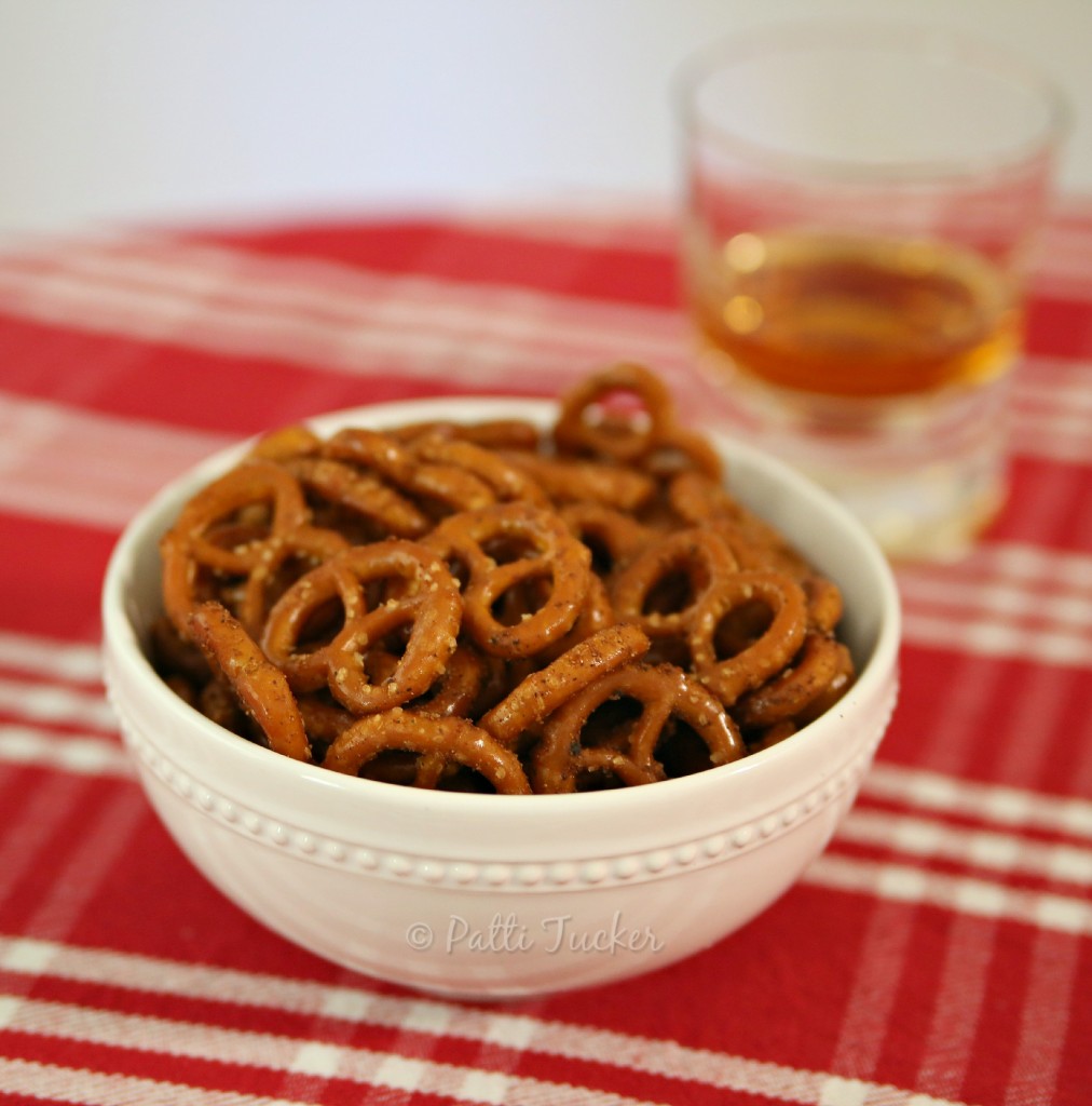 pretzels in a white bowl on a table