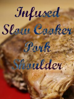 cooked pork shoulder with overlay of text