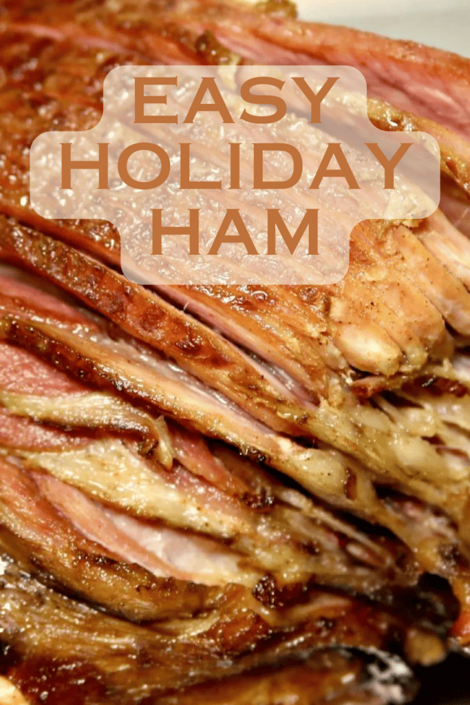 Holiday ham on plate with graphic text box