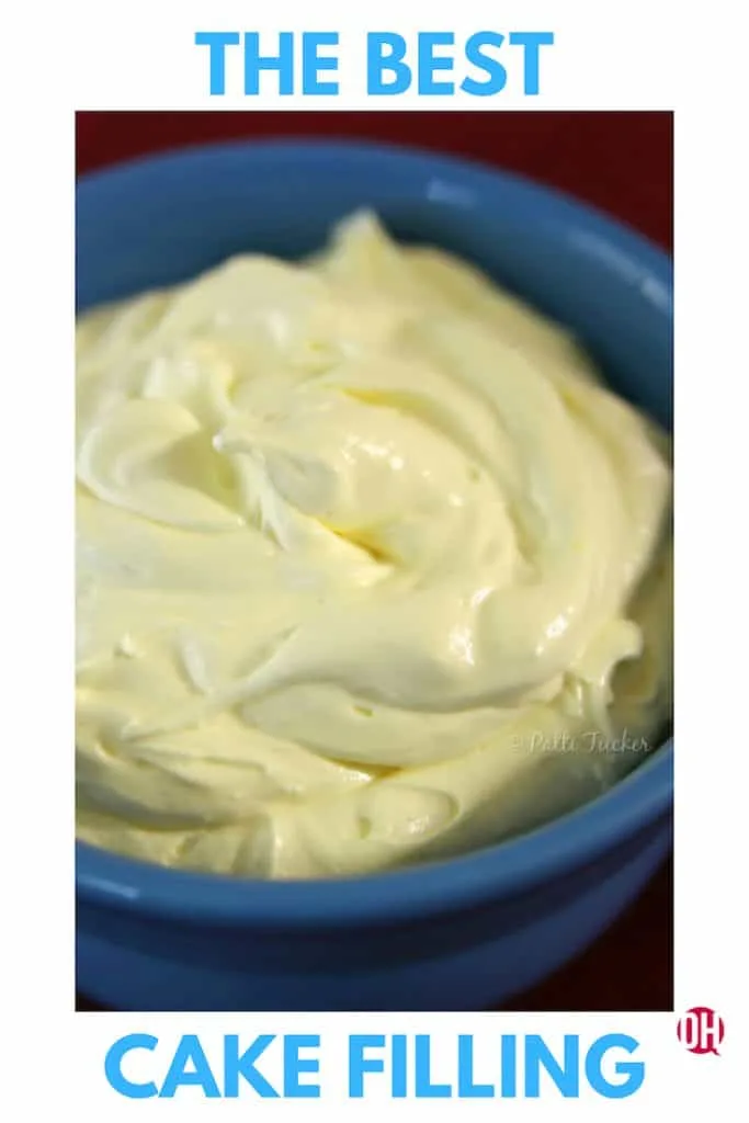 cake filling in a blue bowl