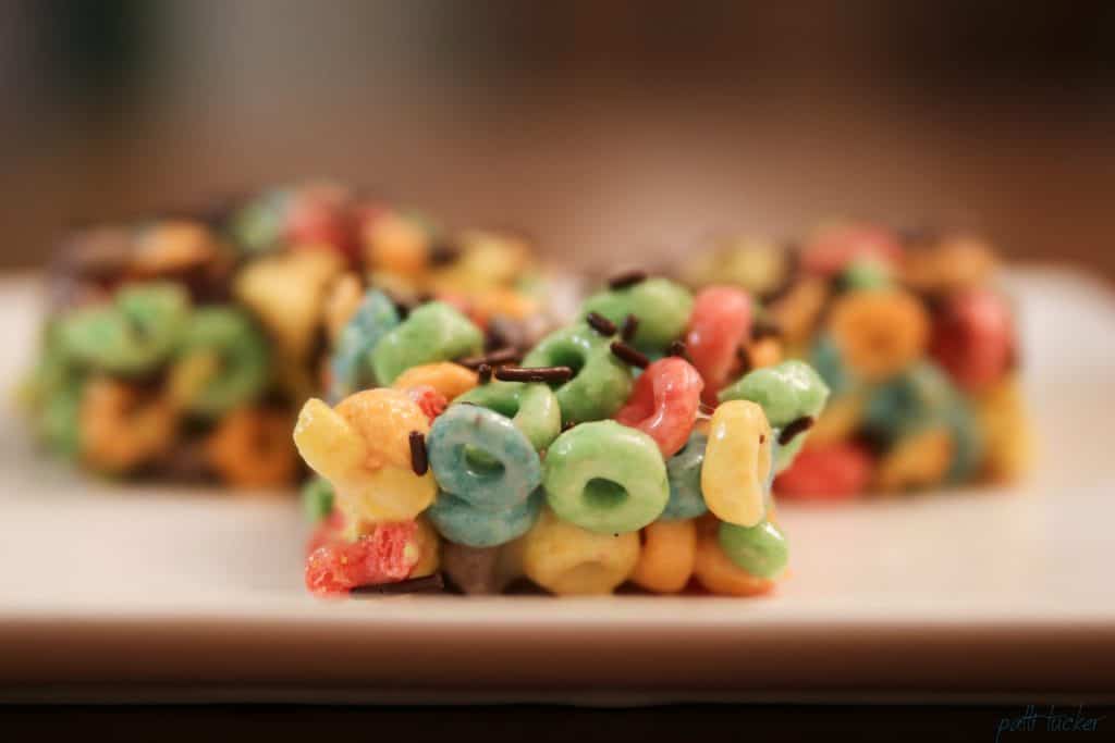 fruit loops marshmallow treats on a platter