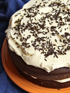 chocolate cake with white icing and jimmes on orange plate