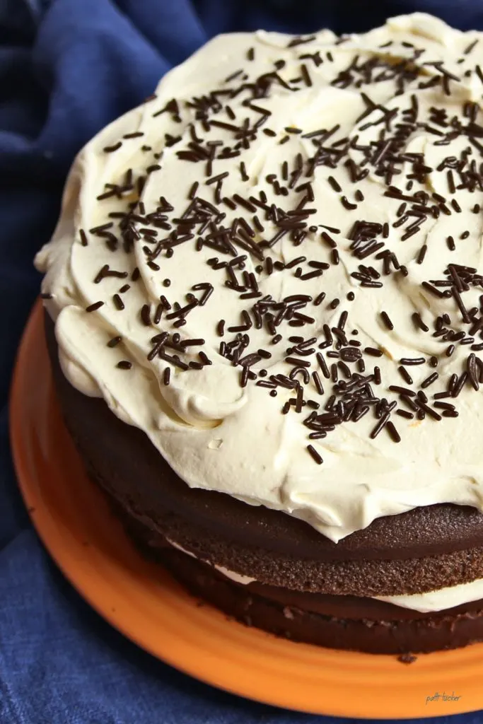 chocolate cake with white icing and jimmes on orange plate