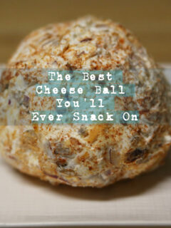 cheeseball on plate with overlay of text