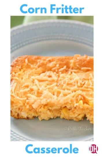a slice of corn fritter casserole on a blue plate