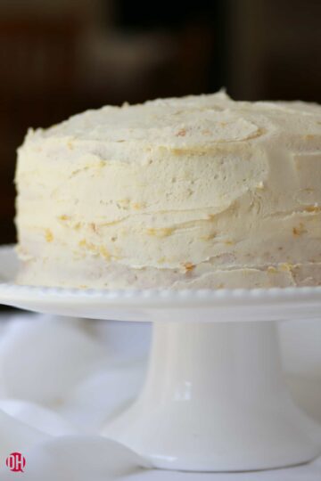 white frosted cake on cake pedestal