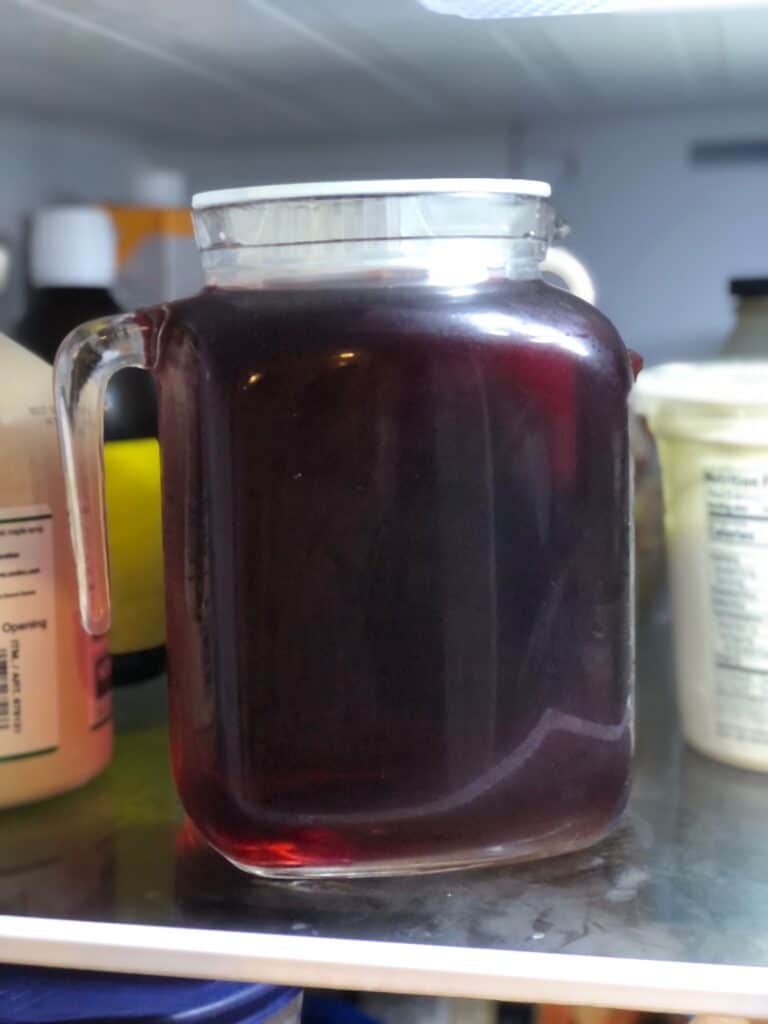 Hibiscus tea in pitcher in fridge