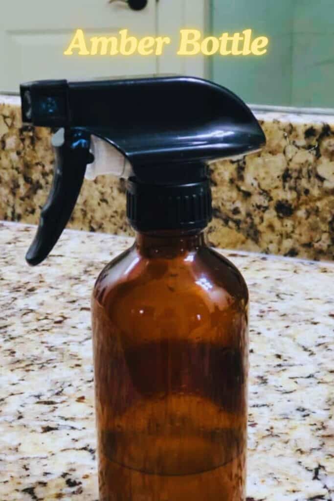 amber glass bottle on counter with text