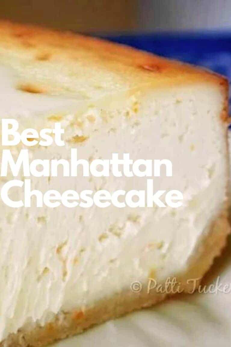 slice of cheesecake on a plate with text overlay