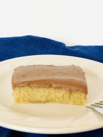 vanilla sheet cake on a white plate with blue background