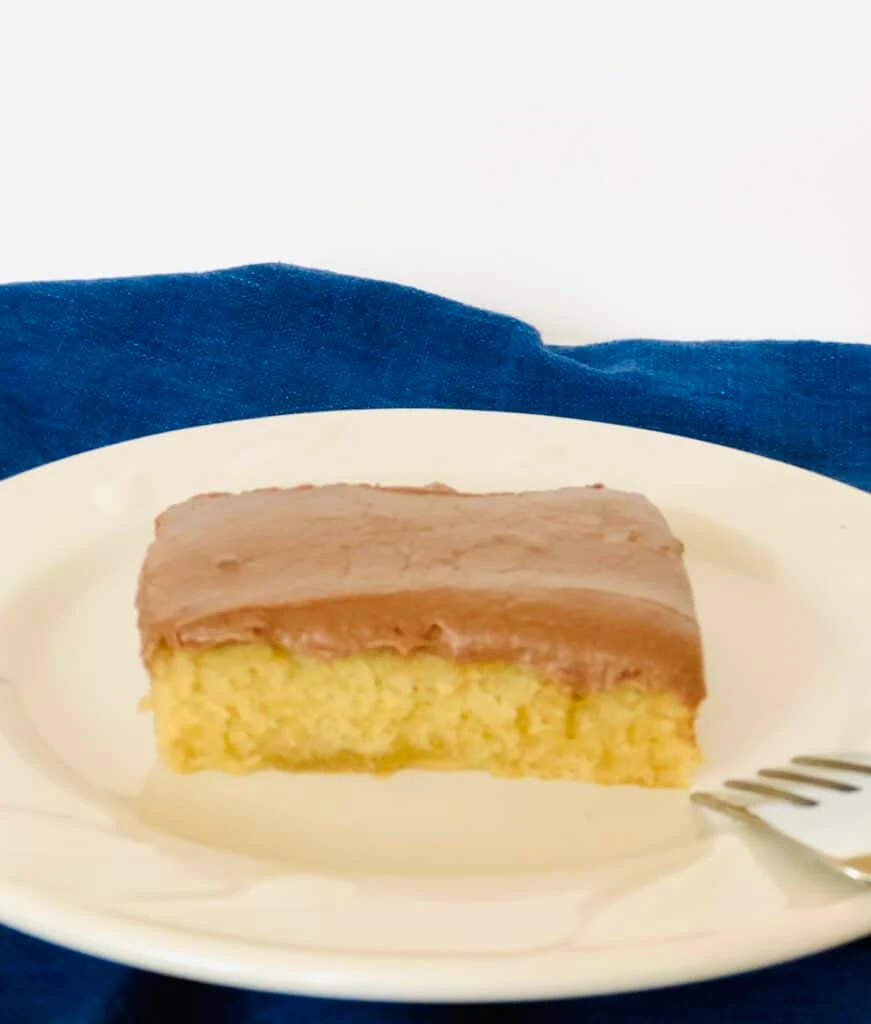 vanilla sheet cake on a white plate with blue background