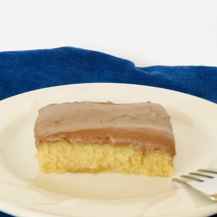 vanilla sheet cake on a white plate with blue background